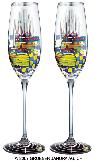 Friedensreich Hundertwasser: (868A) Sektglas-Partnerset ‚Pazifikdampfer‘