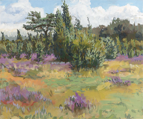 Frank Suplie: Bild ‚Wacholderwald II (Heideblüte & Wacholderwald bei Schmarbeck)‘ (2011), auf Keilrahmen
