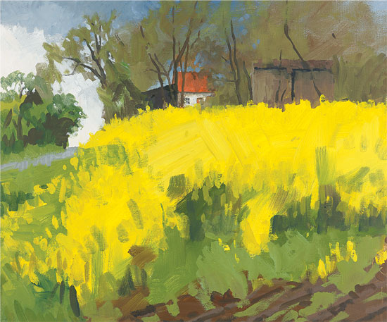 Frank Suplie: Bild ‚Rapsfeld bei Falshöft II (Je dunkler der Himmel)‘ (2009), auf Keilrahmen