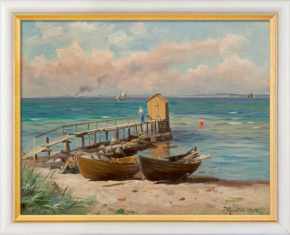 Peder Mork Mönsted: Bild ‚Badehäuschen am See‘ (1914), gerahmt