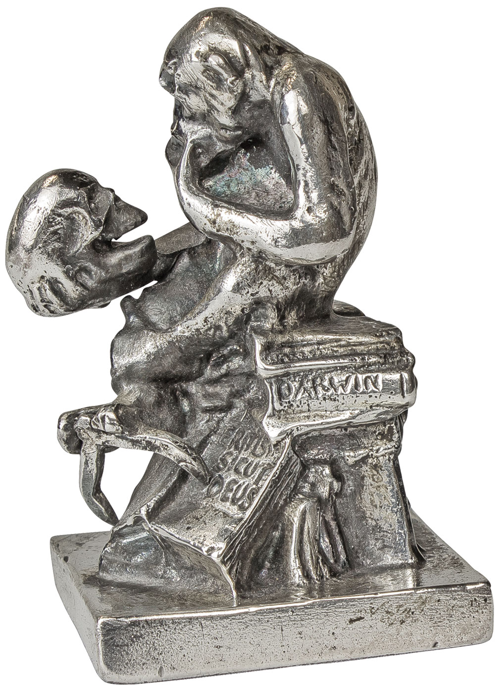 Wolfgang Hugo Rheinhold: Skulptur ‚Affe mit Schädel‘ (1892-93), Version in Metallguss versilbert