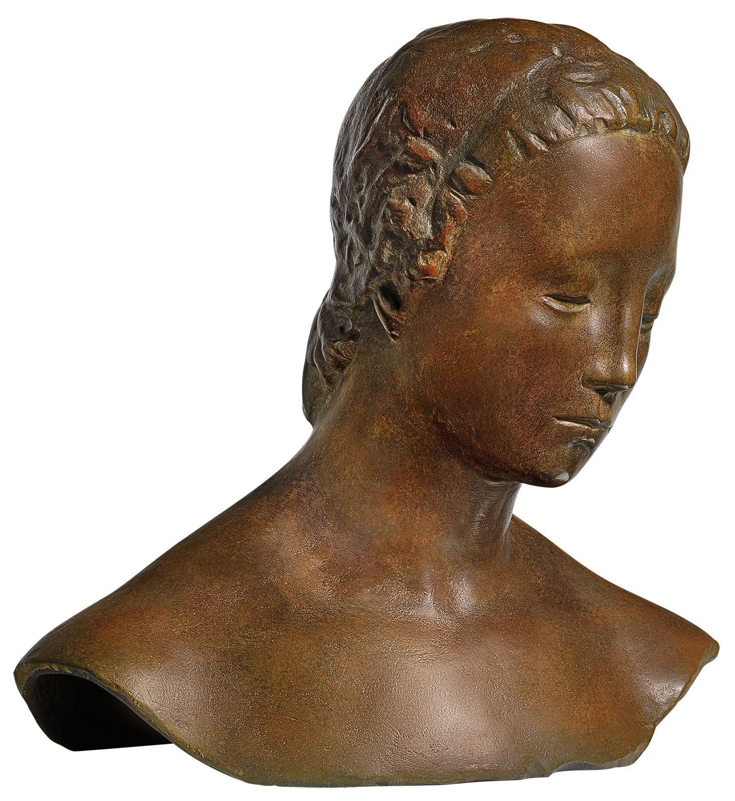 Wilhelm Lehmbruck: Büste ‚Gesenkter Frauenkopf‘ (1910), Version in Bronze, Skulptur