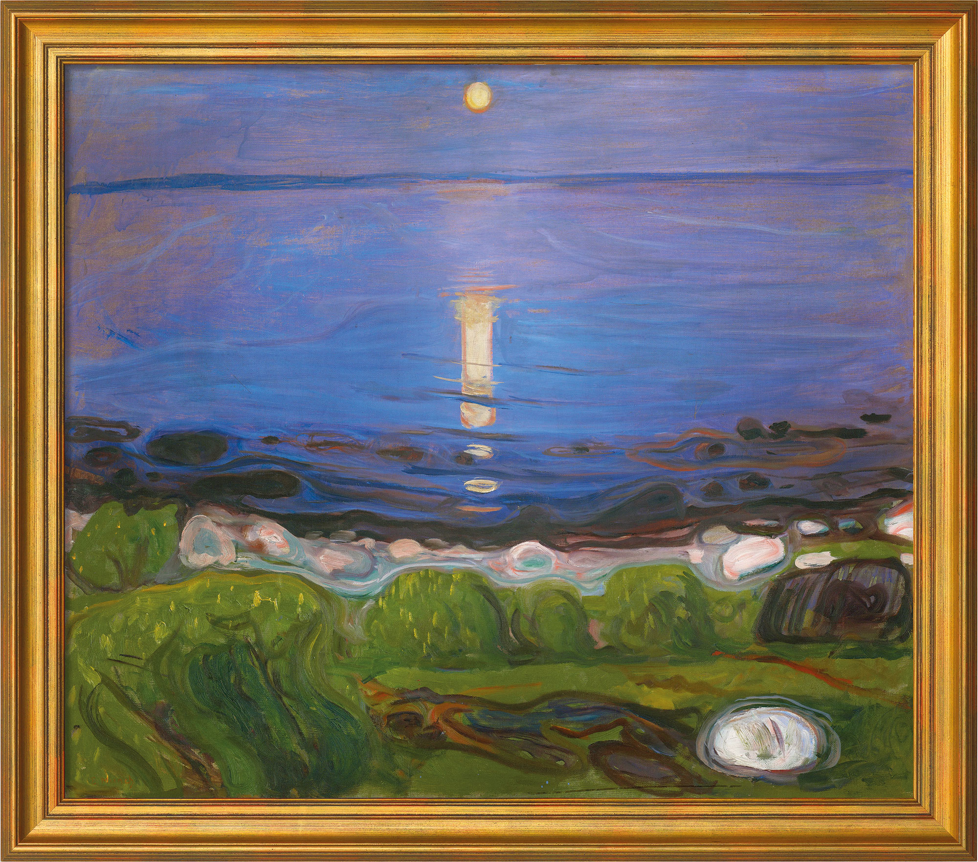 Edvard Munch: Bild ‚Eine Sommernacht am Strand‘ (1902), Version goldfarben gerahmt