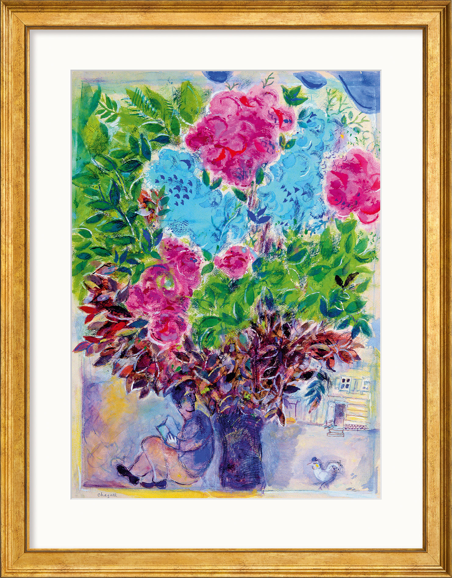 Marc Chagall: Bild ‚Der Wartende unter dem Blumenstrauß‘, Version goldfarben gerahmt