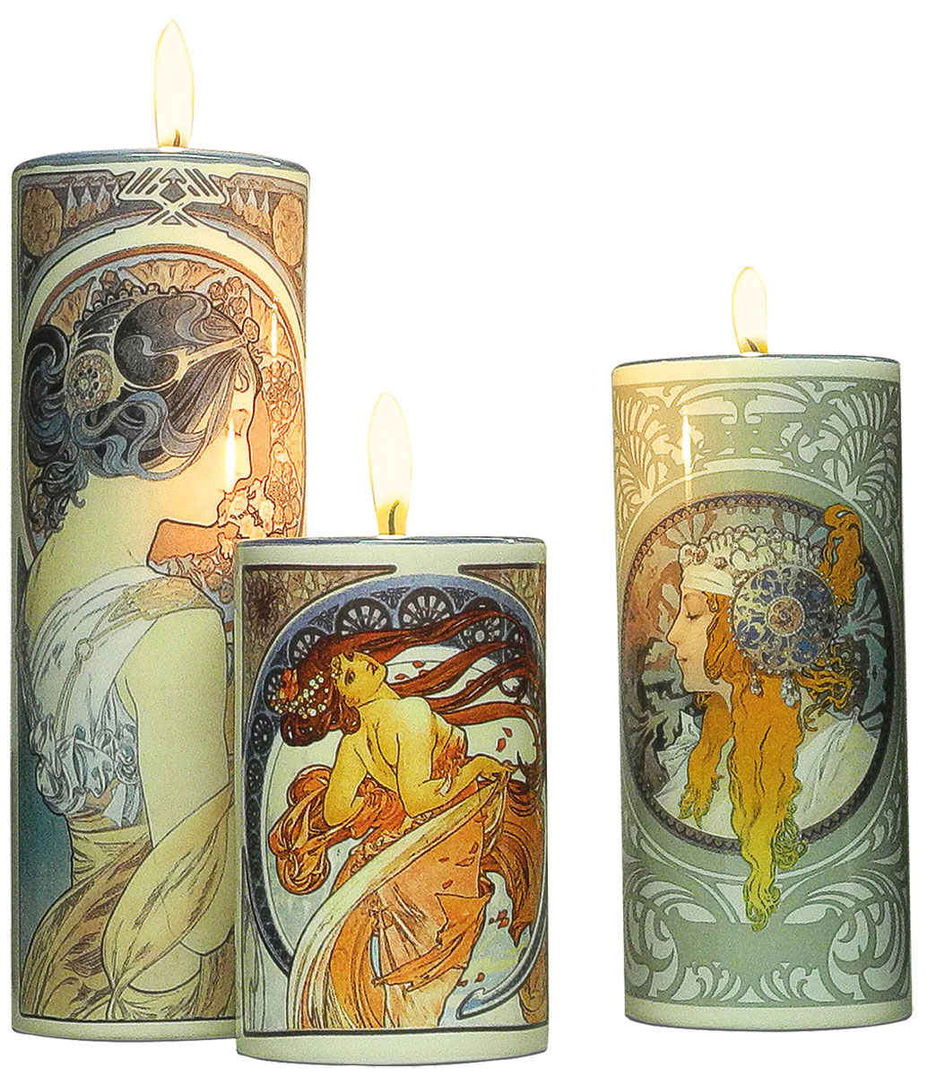 Alphonse Mucha: Drei Teelichthalter mit Künstlermotiven im Set, Porzellan