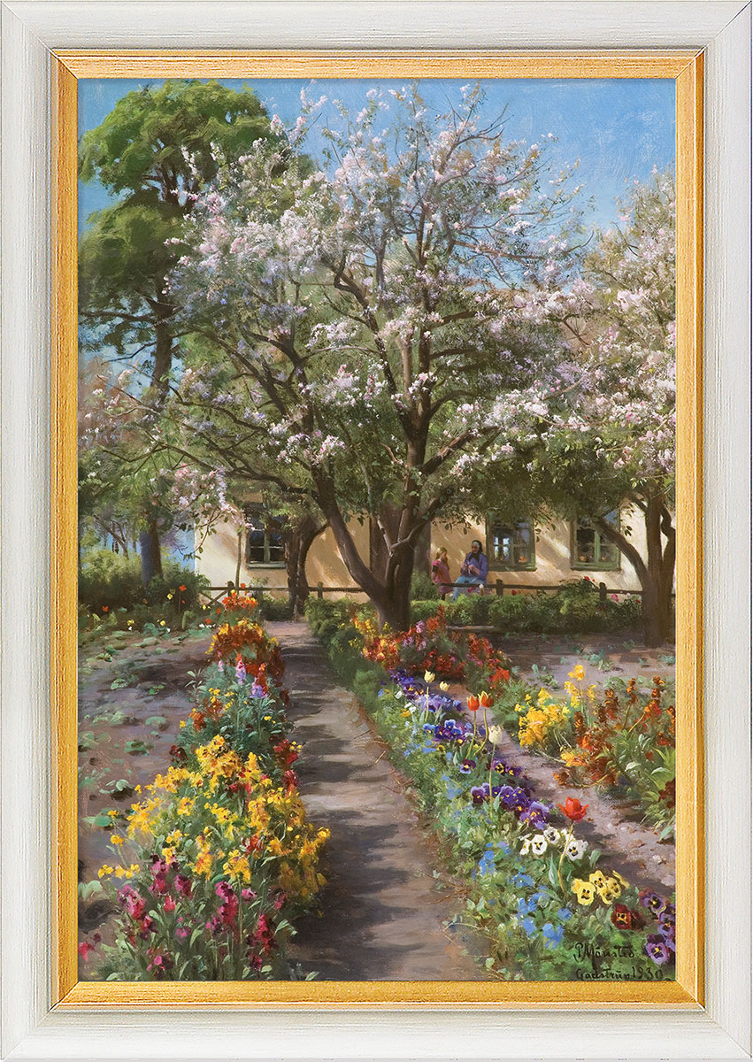 Peder Mork Mönsted: Bild ‚Blühender Garten im Frühling‘ (1930), gerahmt