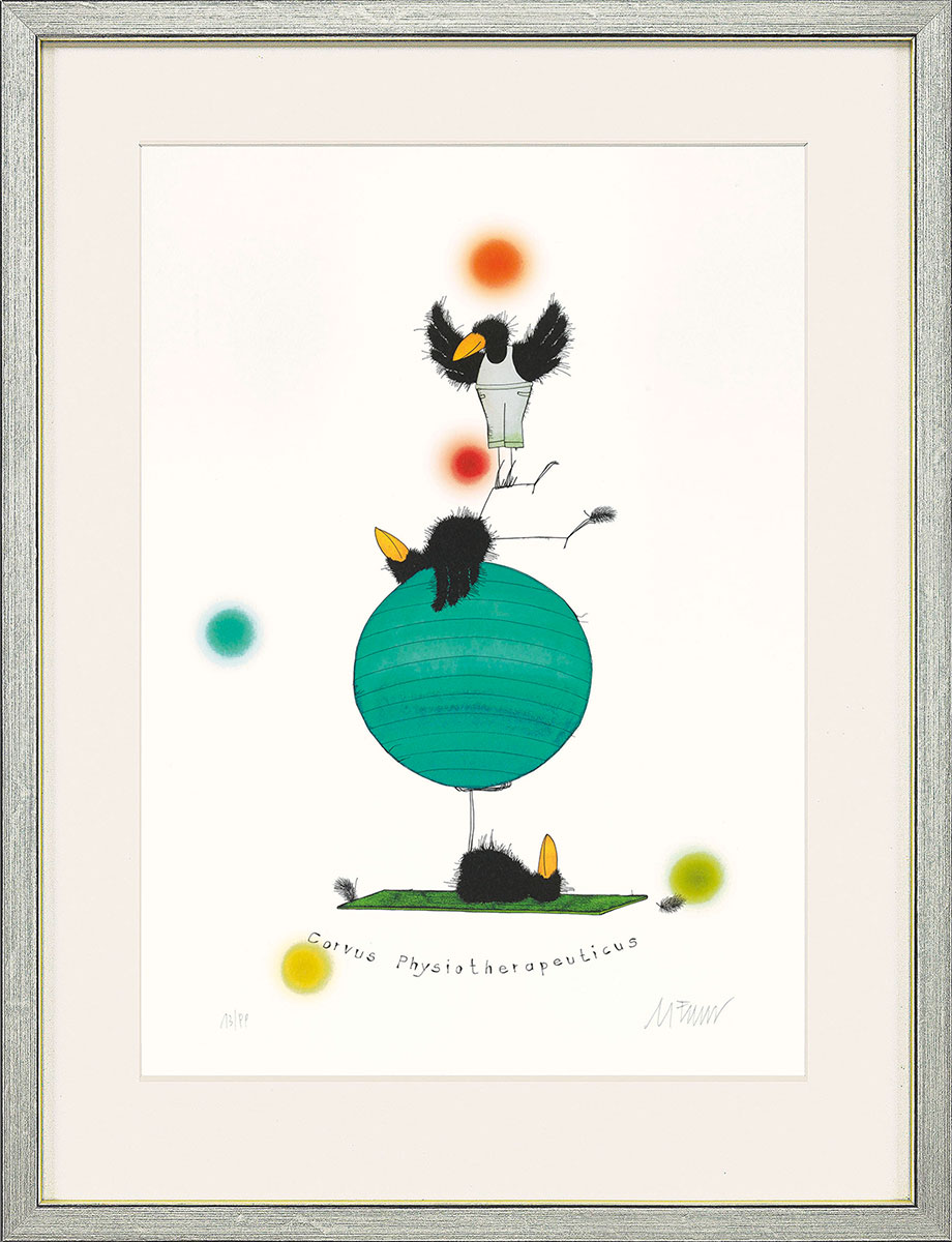 Michael Ferner: Bild ‚Corvus Physiotherapeuticus‘ (2018), gerahmt