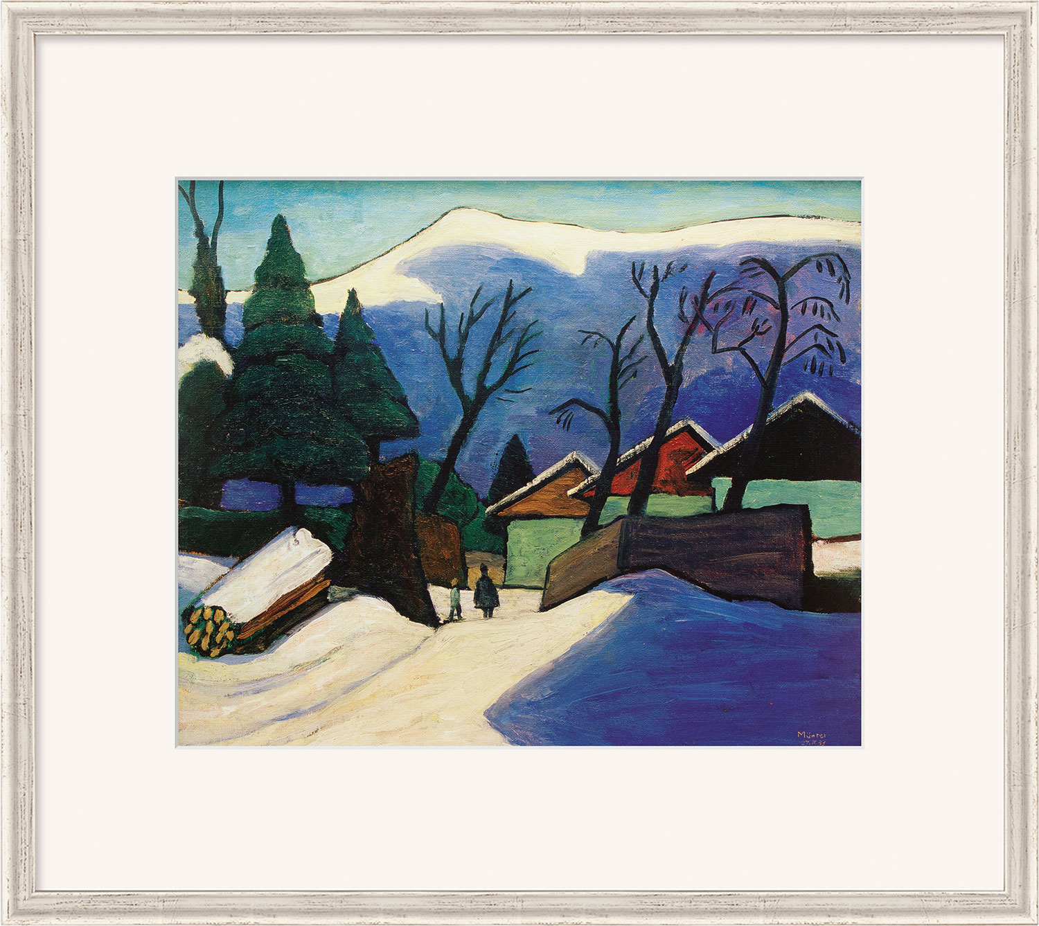 Gabriele Münter: Bild ‚Drei Häuser im Schnee‘ (1933), gerahmt