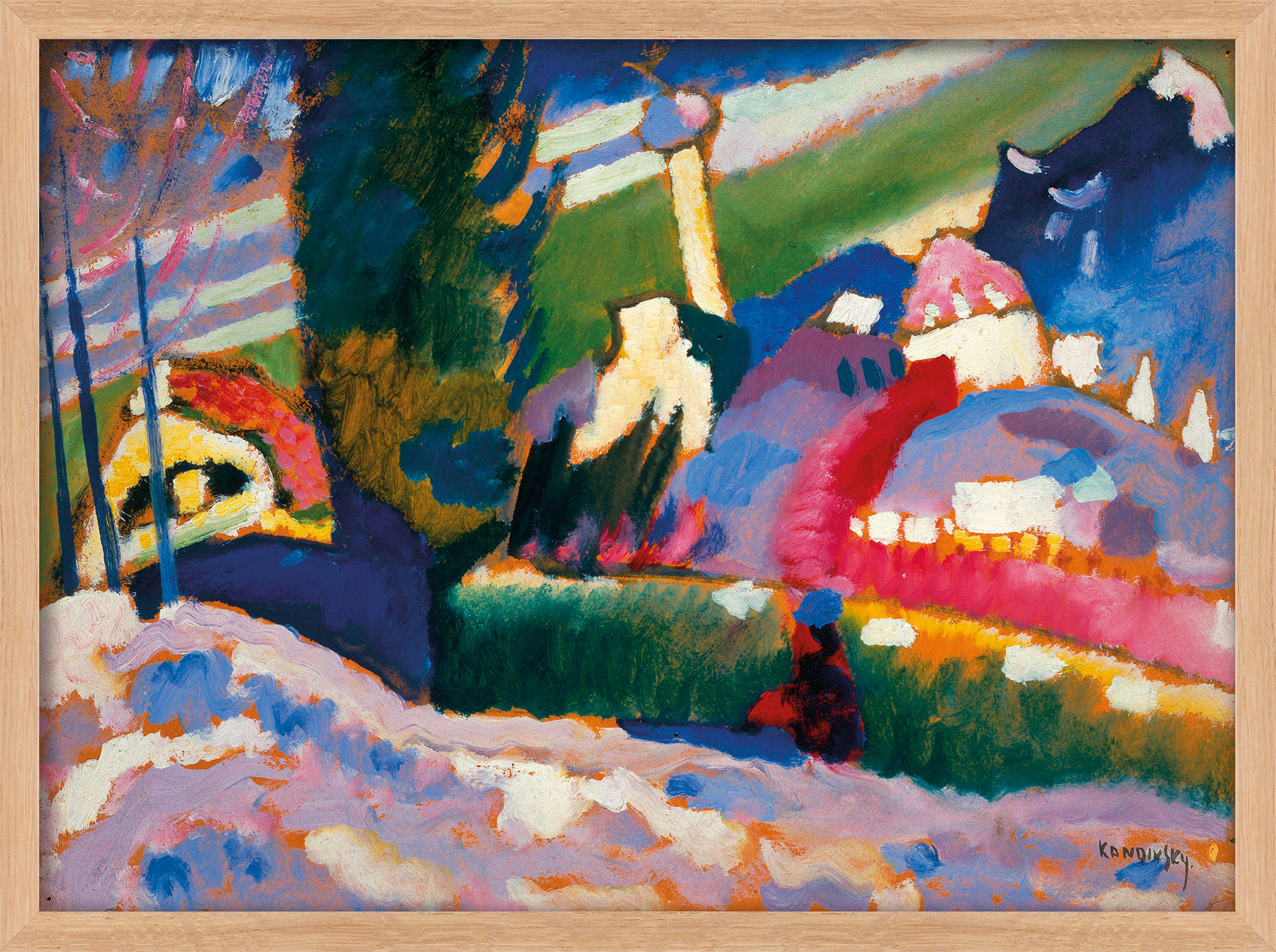 Wassily Kandinsky: Bild ‚Winterlandschaft mit Kirche‘ (1910-1911), Version naturfarben gerahmt