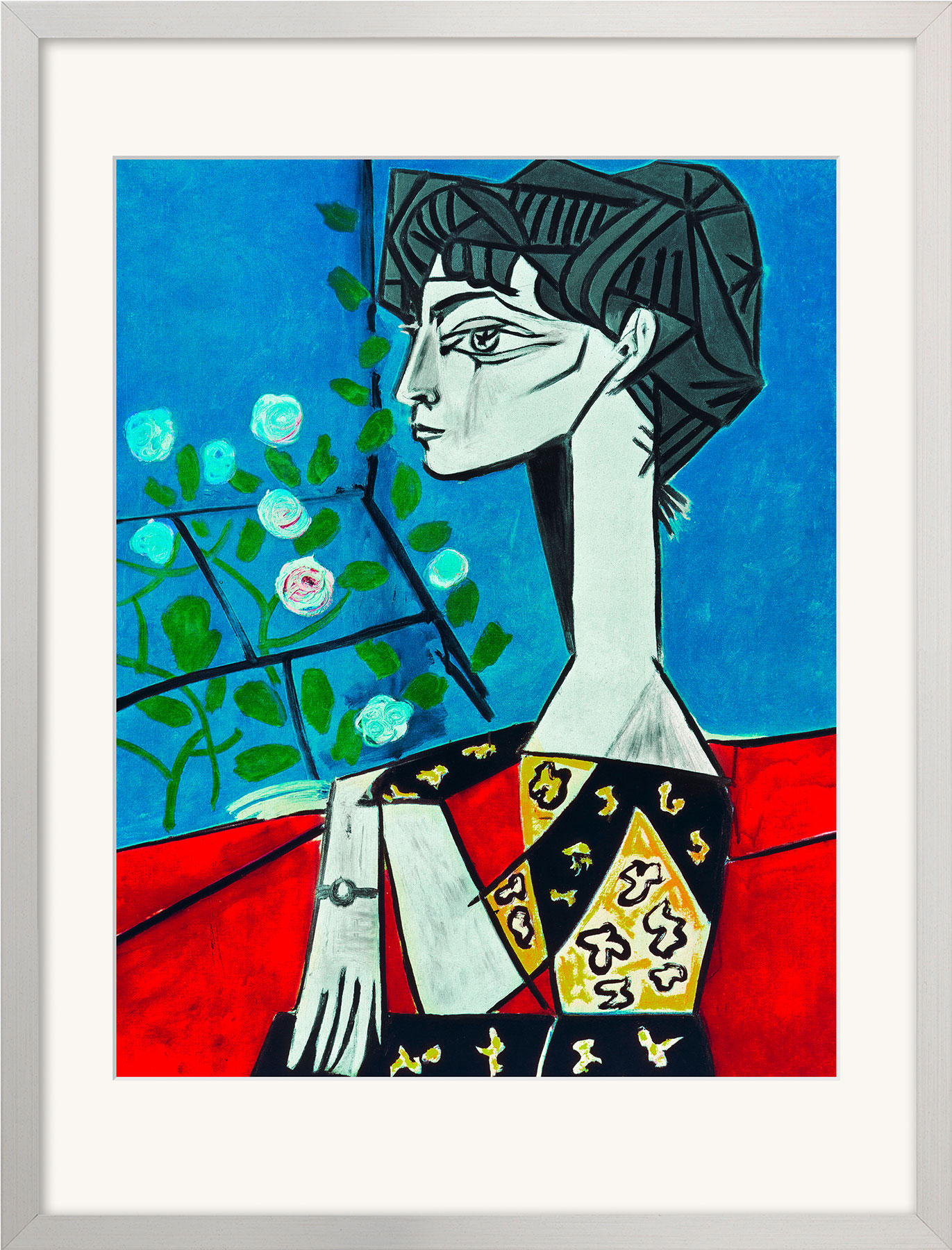 Pablo Picasso: Bild ‚Madame Z (Jacqueline mit Blumen)‘ (1954), gerahmt