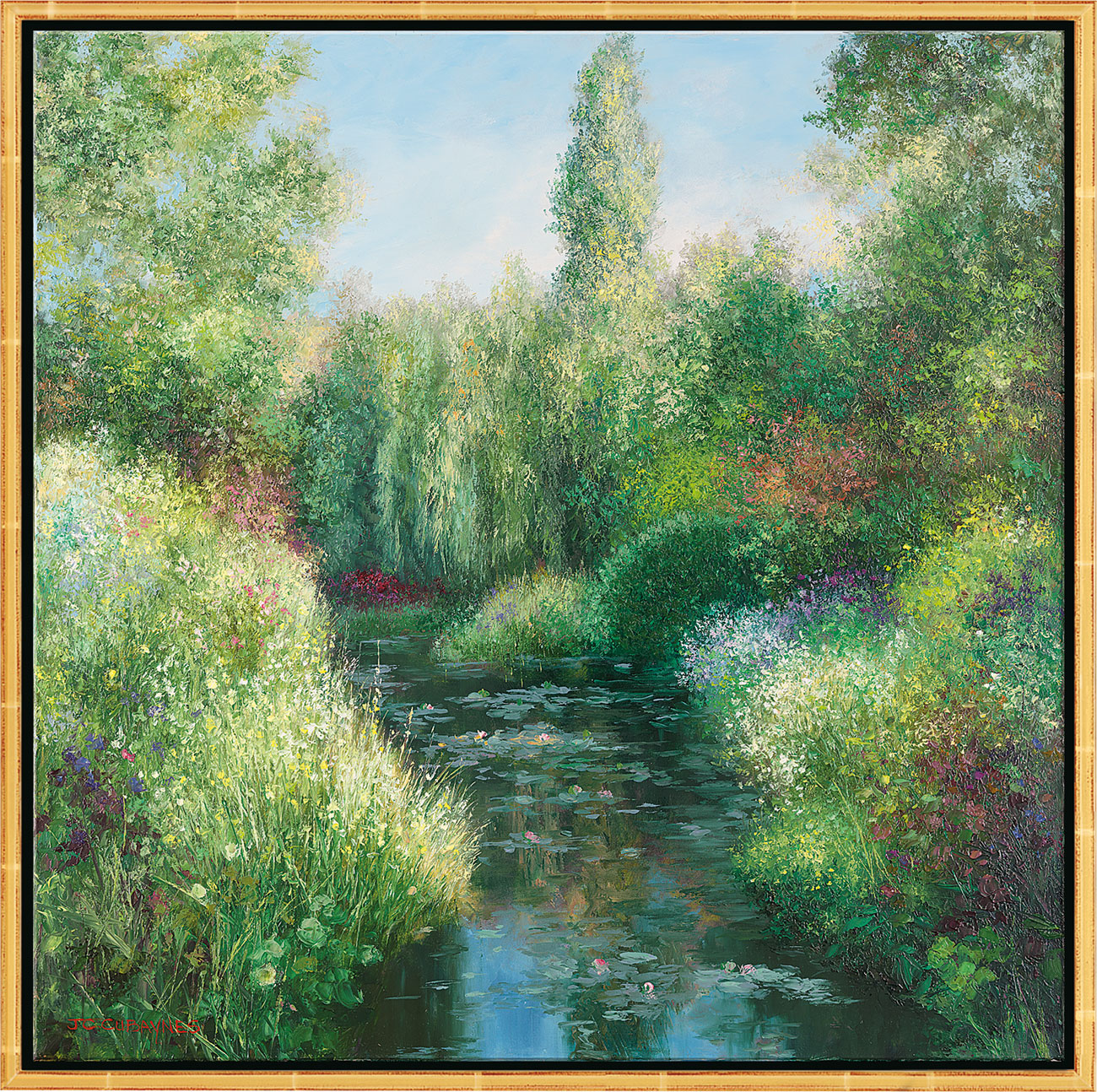 Jean-Claude Cubaynes: Bild ‚Juin à Giverny‘, Version goldfarben gerahmt