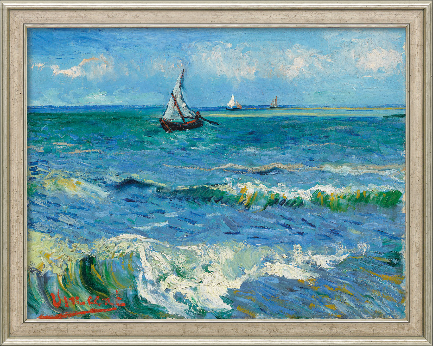 Vincent van Gogh: Bild ‚Das Meer bei Les Saintes-Maries-de-la-Mer‘ (1888), Version silberfarben gerahmt