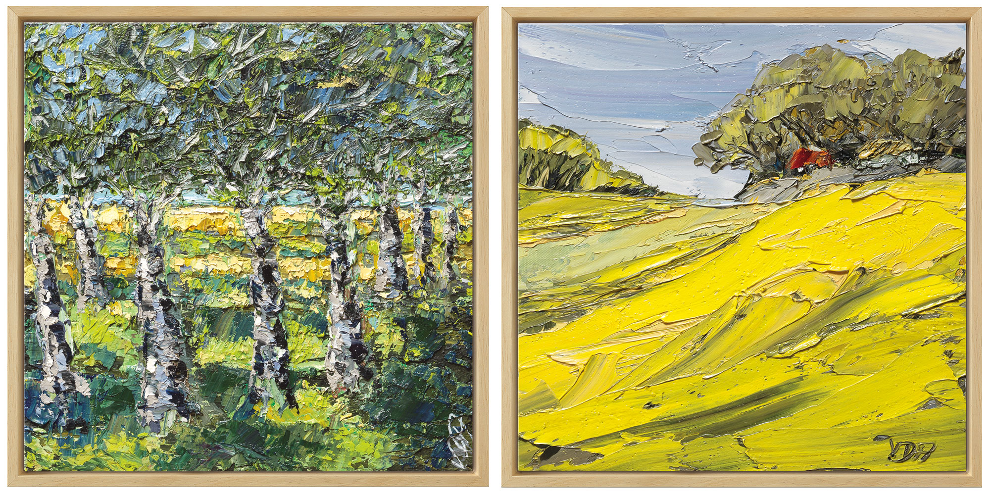 Nikolaus von der Assen: 2 Bilder ‚Wäldchen I‘ (2018) und ‚Gelber Raps und Gehöft‘ (2018) im Set, Version naturfarben gerahmt