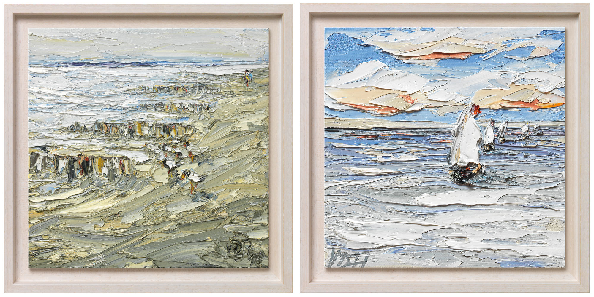 Nikolaus von der Assen: 2 Bilder ‚Strandspaziergang nach Unwetter‘ (2018) und ‚Sailing Boats II‘ (2016) im Set, Version weiß gerahmt
