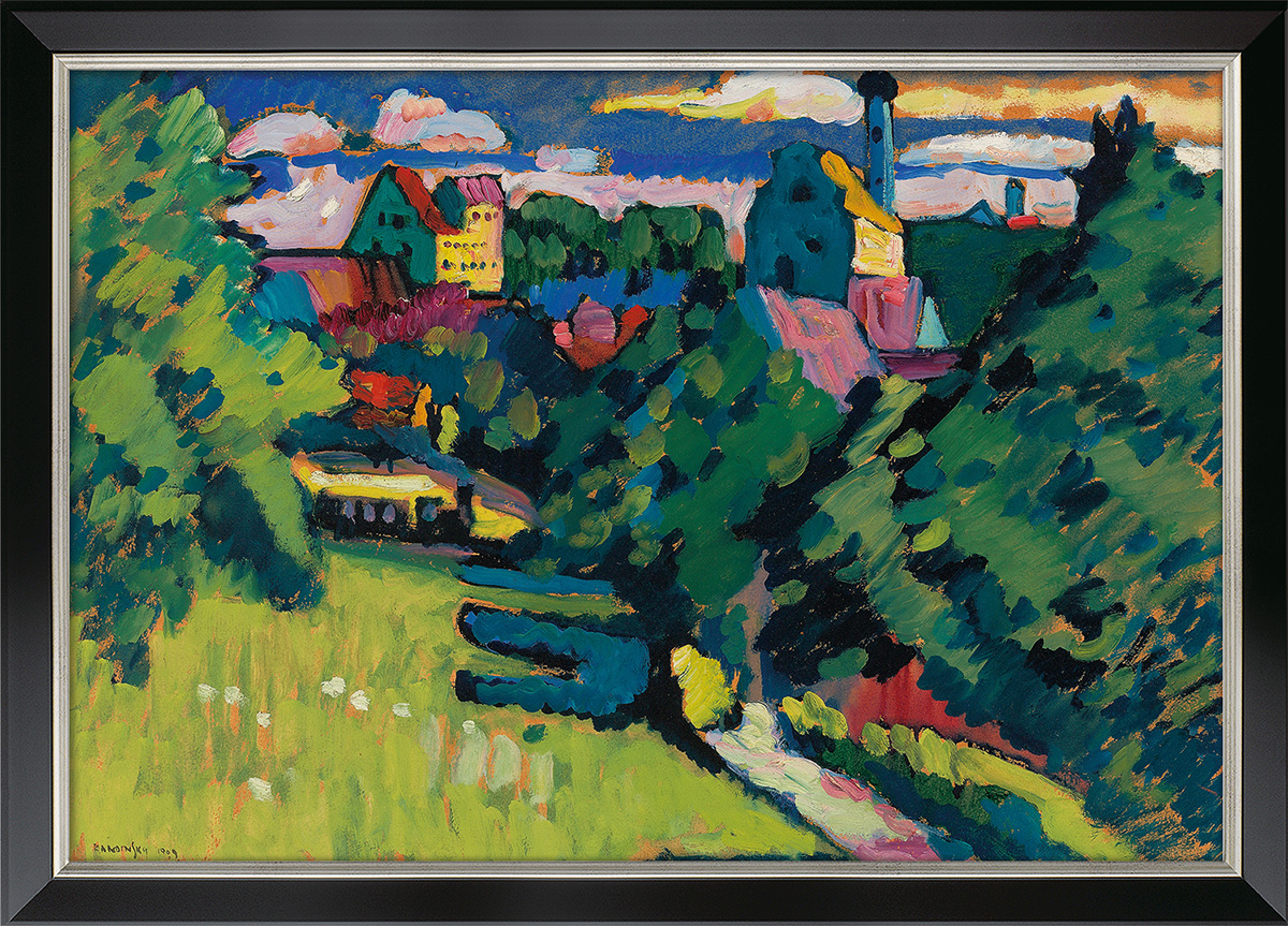 Wassily Kandinsky: Bild ‚Murnau – Ansicht mit Burg, Kirche und Eisenbahn‘ (1909), gerahmt