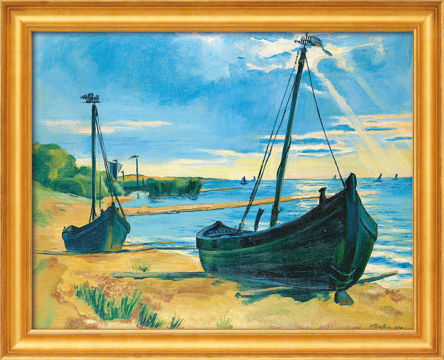 Max Pechstein: Bild ‚Aufgezogene Keitelkähne‘ (1939), Version goldfarben gerahmt