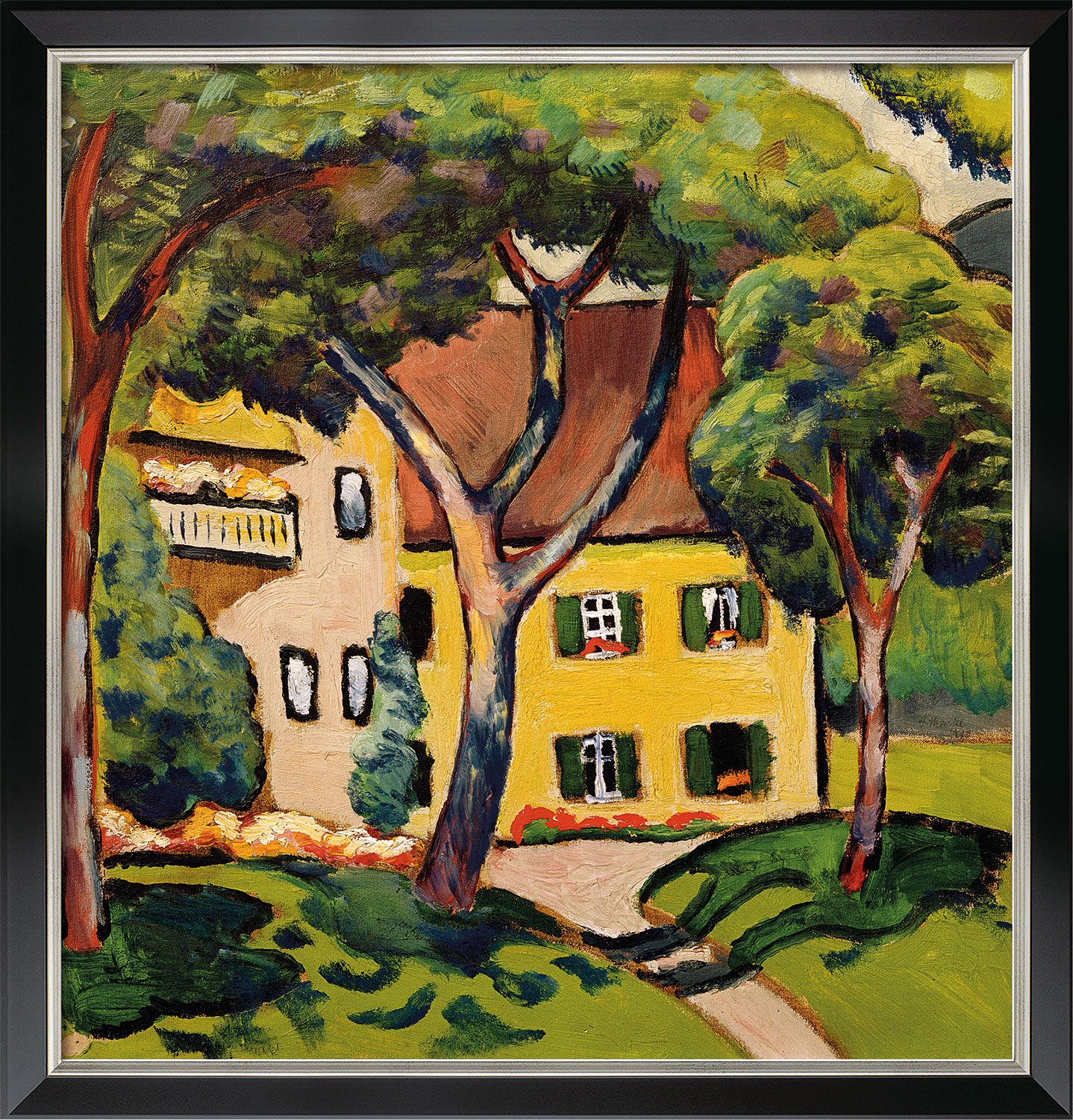 August Macke: Bild ‚Staudacherhaus in Tegernsee‘ (1910), Version schwarz-silberfarben gerahmt