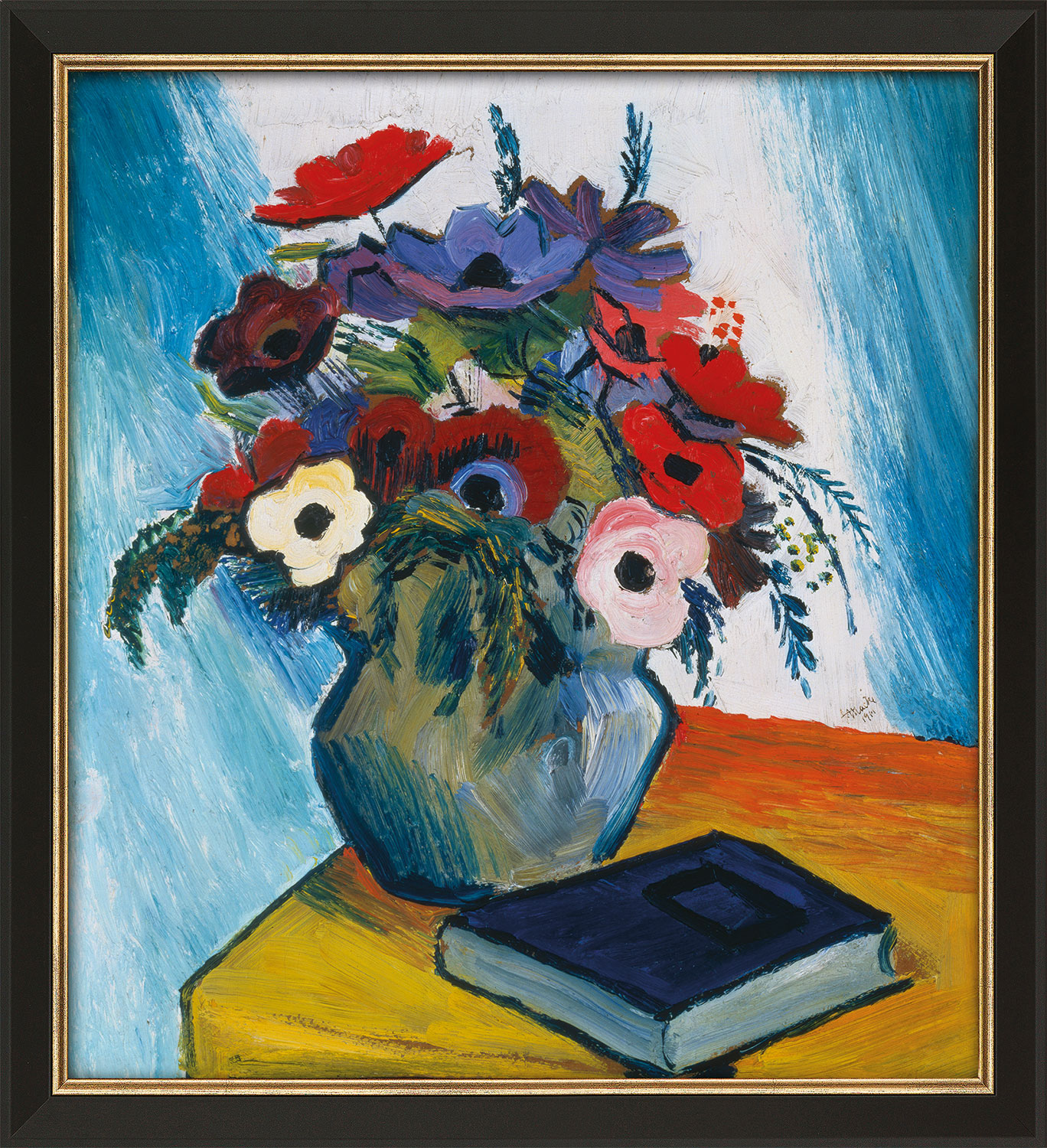 August Macke: Bild ‚Stillleben mit Anemonen und blauem Buch‘ (1911), gerahmt