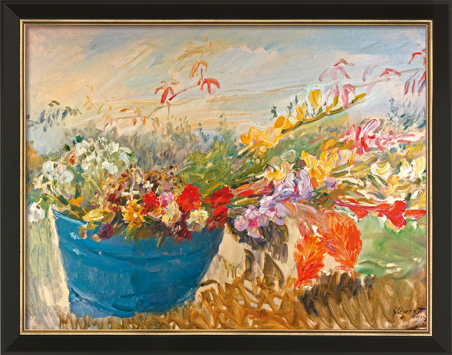Max Slevogt: Bild ‚Blumenstillleben im Freien‘ (1917), Version schwarz-goldfarben gerahmt