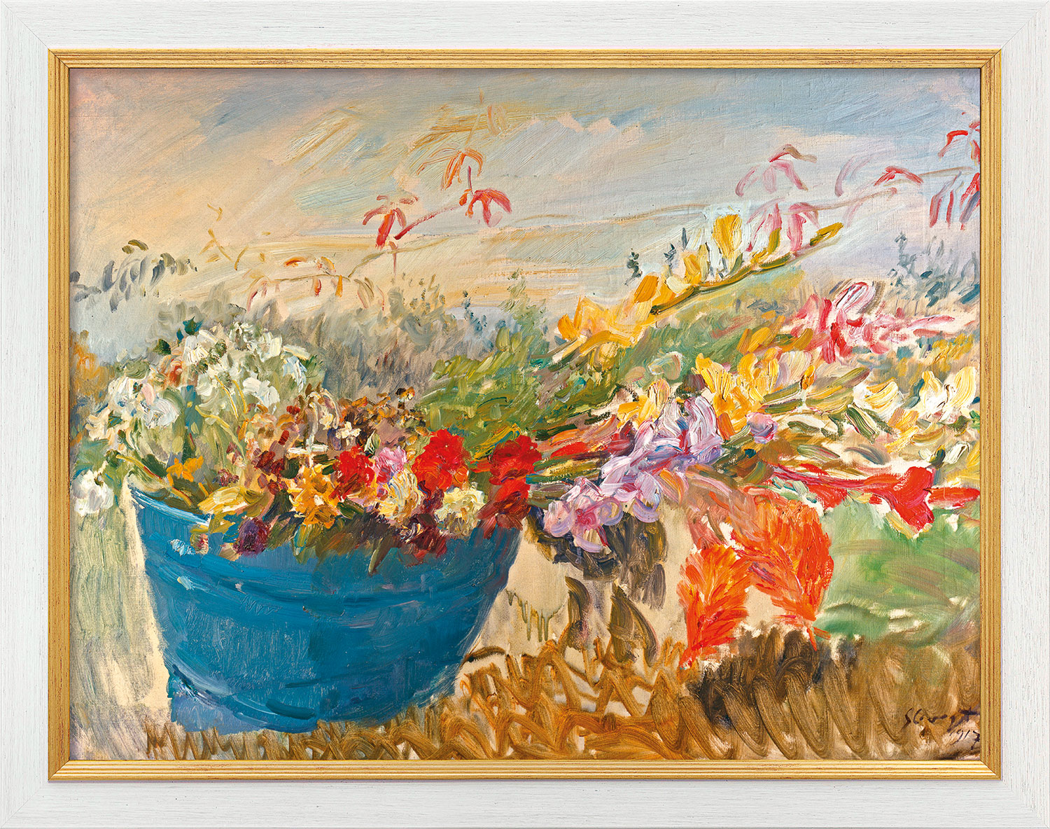 Max Slevogt: Bild ‚Blumenstillleben im Freien‘ (1917), Version weiß-goldfarben gerahmt