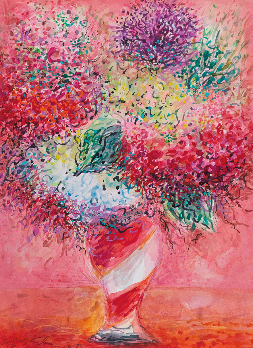 Ansgar Skiba: Bild ‚Blumen in gestreifter Vase‘ (2018-2020) (Original / Unikat), ungerahmt
