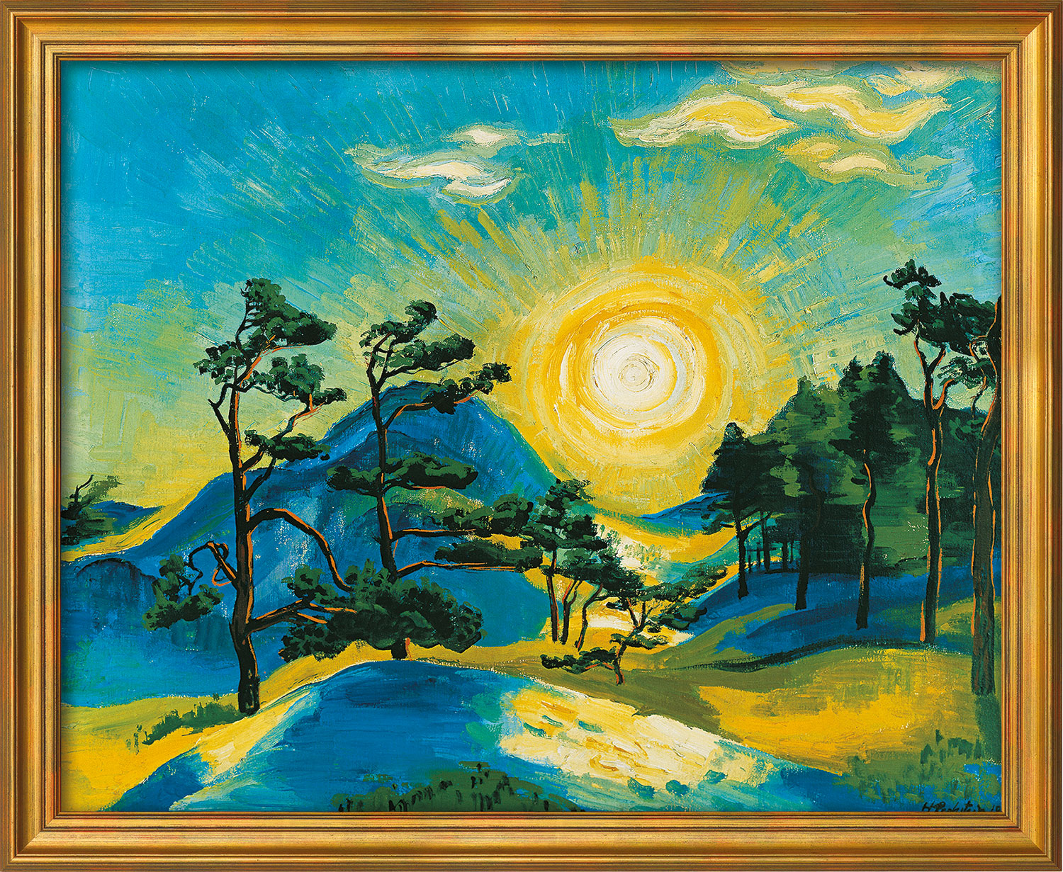Max Pechstein: Bild ‚Aufgehende Sonne‘ (1933), Version goldfarben gerahmt