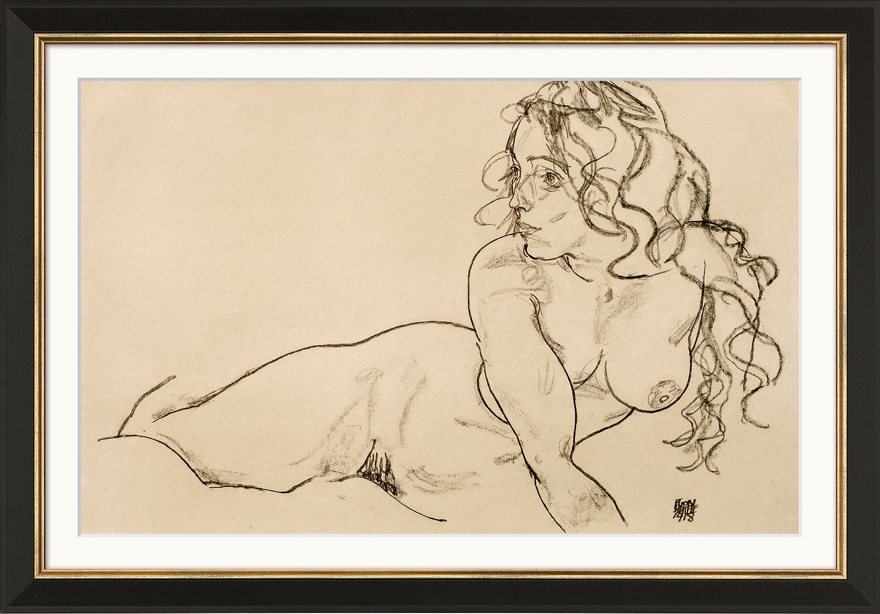 Egon Schiele: Bild ‚Sich aufstützender weiblicher Akt mit langem Haar‘ (1918), gerahmt