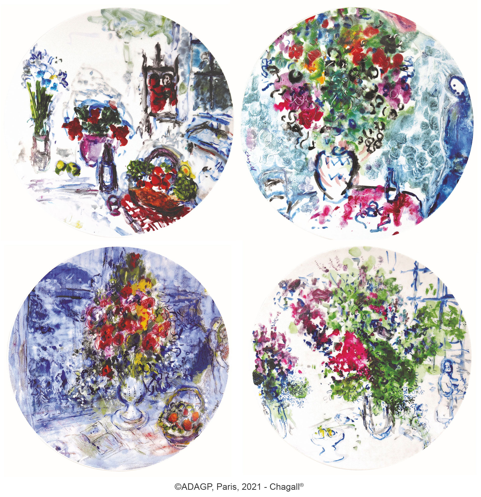 Marc Chagall: Kollektion ‚Les Bouquets de fleurs‘ von Bernardaud – Set von 4 Tellern mit Künstlermotiven, Porzellan