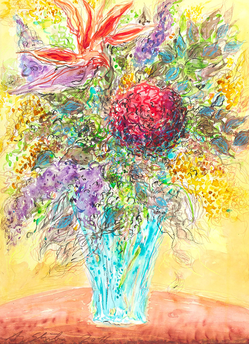 Ansgar Skiba: Bild ‚Blumenstrauß in hellblauer Vase‘ (2016-2017) (Original / Unikat), ungerahmt