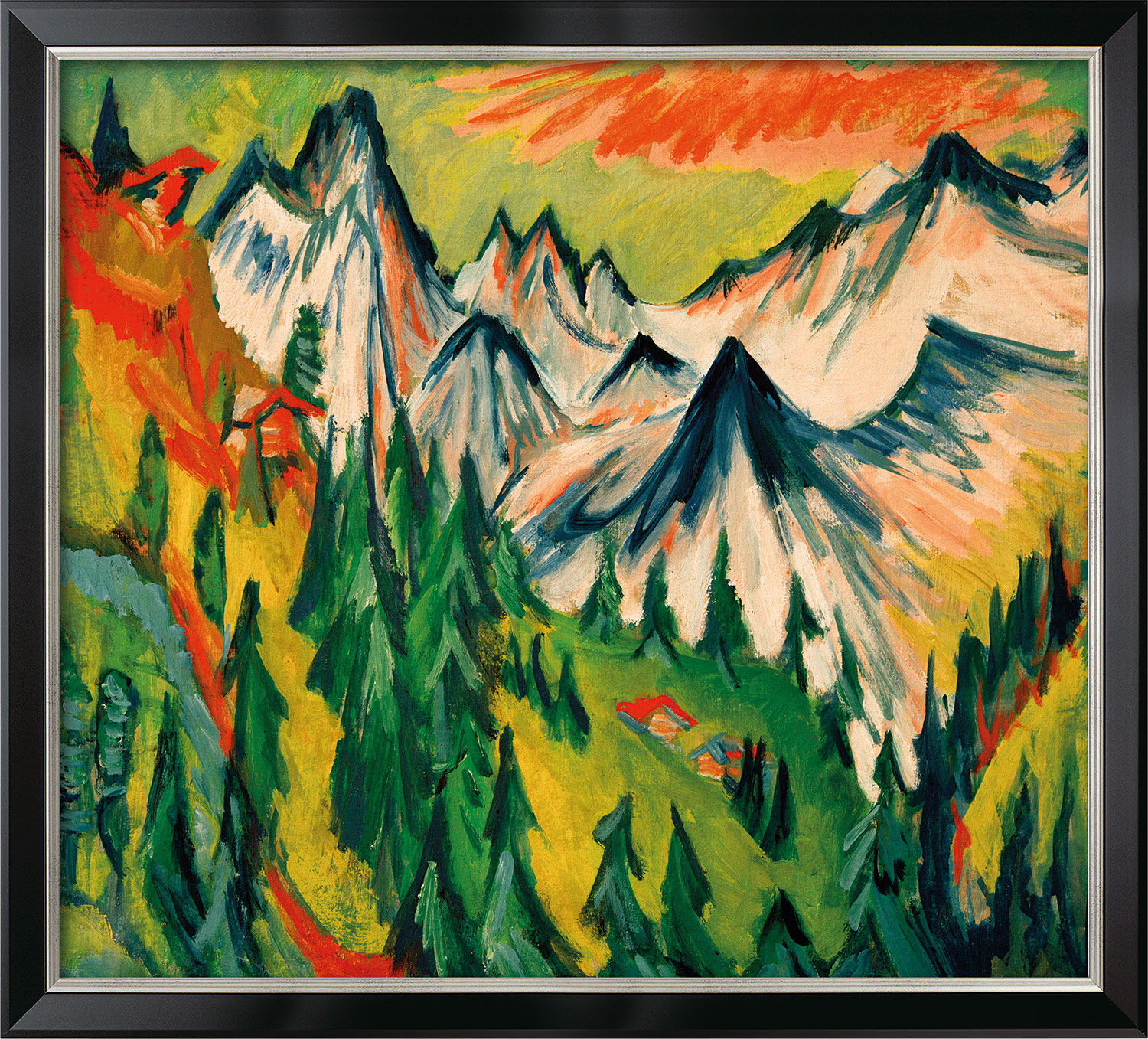 Ernst Ludwig Kirchner: Bild ‚Berggipfel‘ (1918), Version schwarz-silberfarben gerahmt