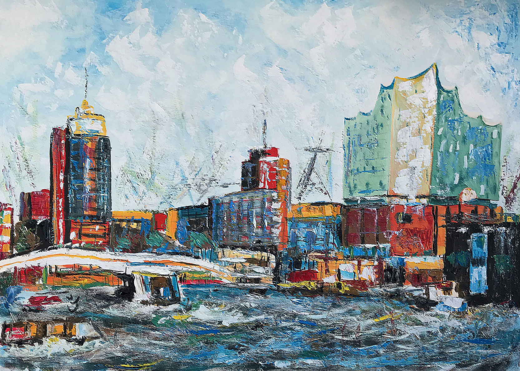 Asghar Keyhanian: Bild ‚Hamburger Hafen – Elbphilharmonie‘ (2020), auf Keilrahmen