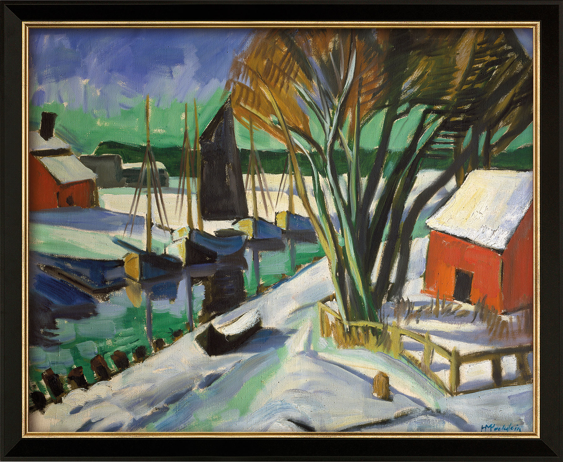 Max Pechstein: Bild ‚Am Strom im Winter (Leba)‘ (1922), Version schwarz gerahmt