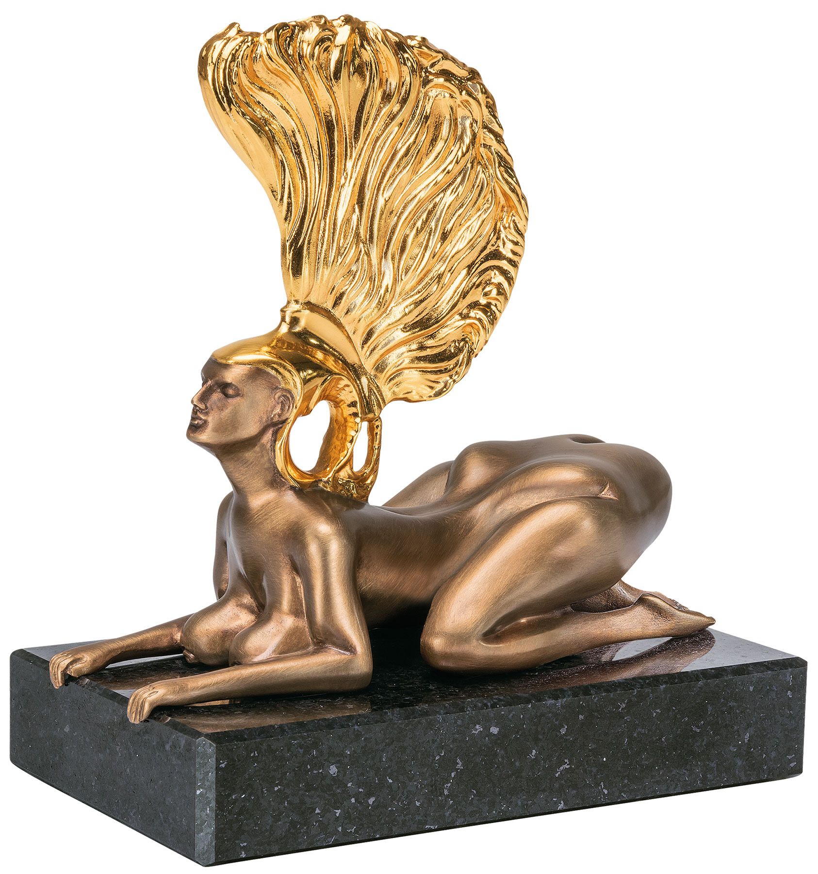 Ernst Fuchs: Skulptur ‚Die Sphinx mit dem Goldhelm – Die Miniatur‘, Bronze teilvergoldet