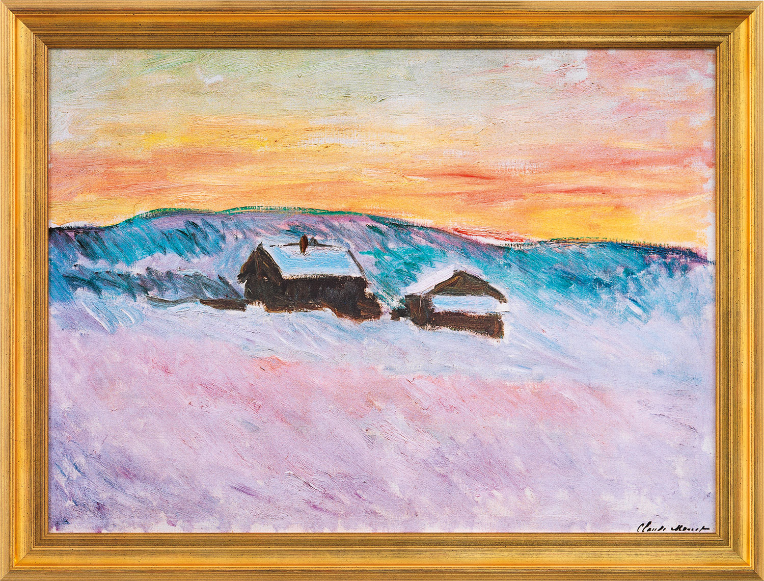 Claude Monet: Bild ‚Norwegische Landschaft, Blaue Häuser‘ (1895), Version goldfarben gerahmt