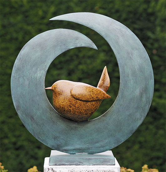 *NEU*: Gartenskulptur “Vogel im Nest” aus Bronze, blau/goldbraun