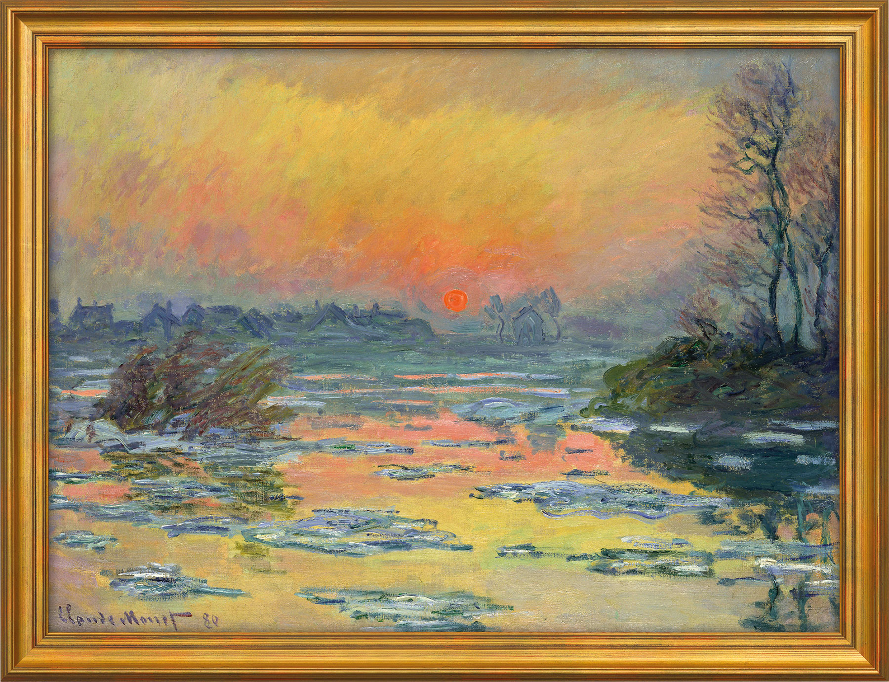 Claude Monet: Bild ‚Sonnenuntergang an der Seine im Winter‘ (1880), Version goldfarben gerahmt