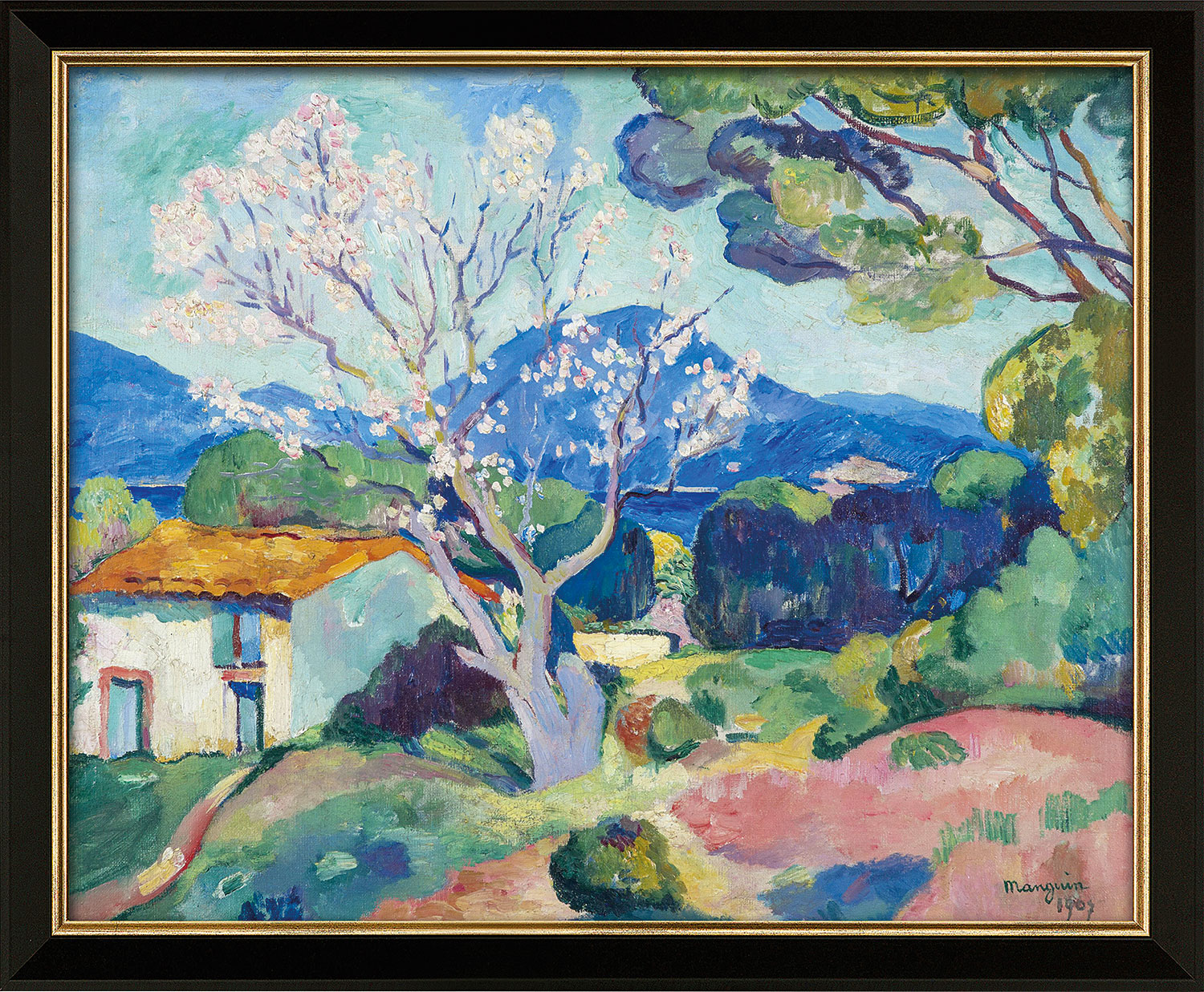 Henri Manguin: Bild ‚L’Amandier en fleurs‘ (1907), Version schwarz-goldfarben gerahmt