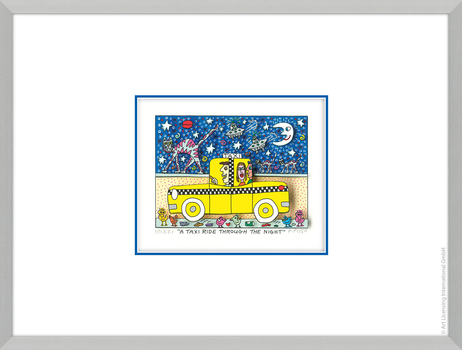 James Rizzi: 3D-Bild ‚A Taxi ride through the Night‘ (2019), gerahmt