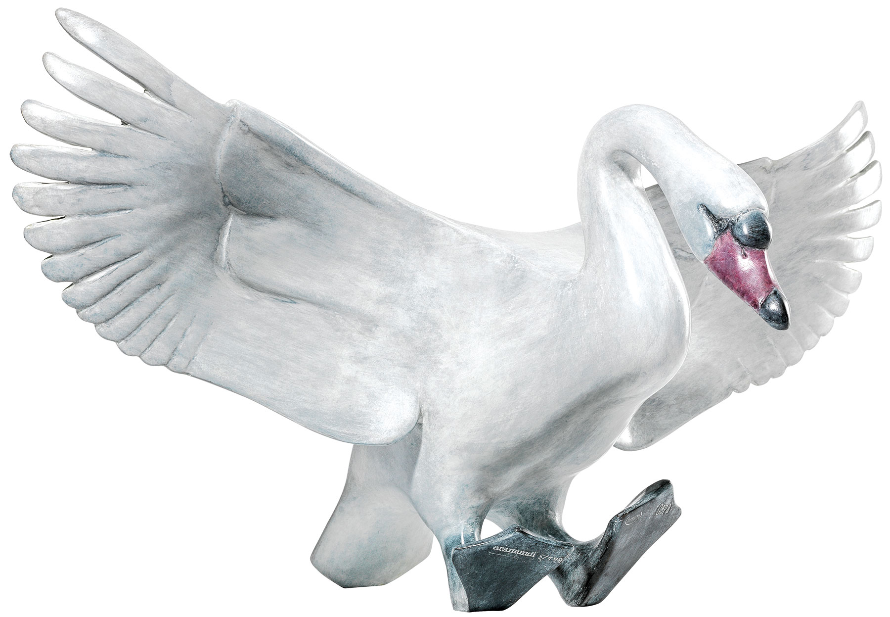Evert den Hartog: Skulptur ‚Landender Schwan‘ (Version ohne Sockel), Bronze weiß/hellgrau