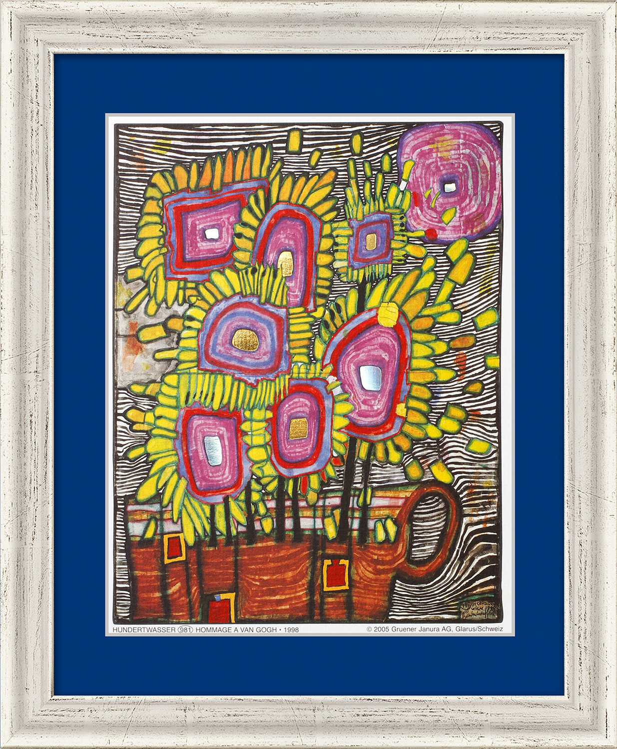 Friedensreich Hundertwasser: (981) Bild ‚Strauß – Blumenstrauß (Hommage à van Gogh), blau‘ (1998), gerahmt