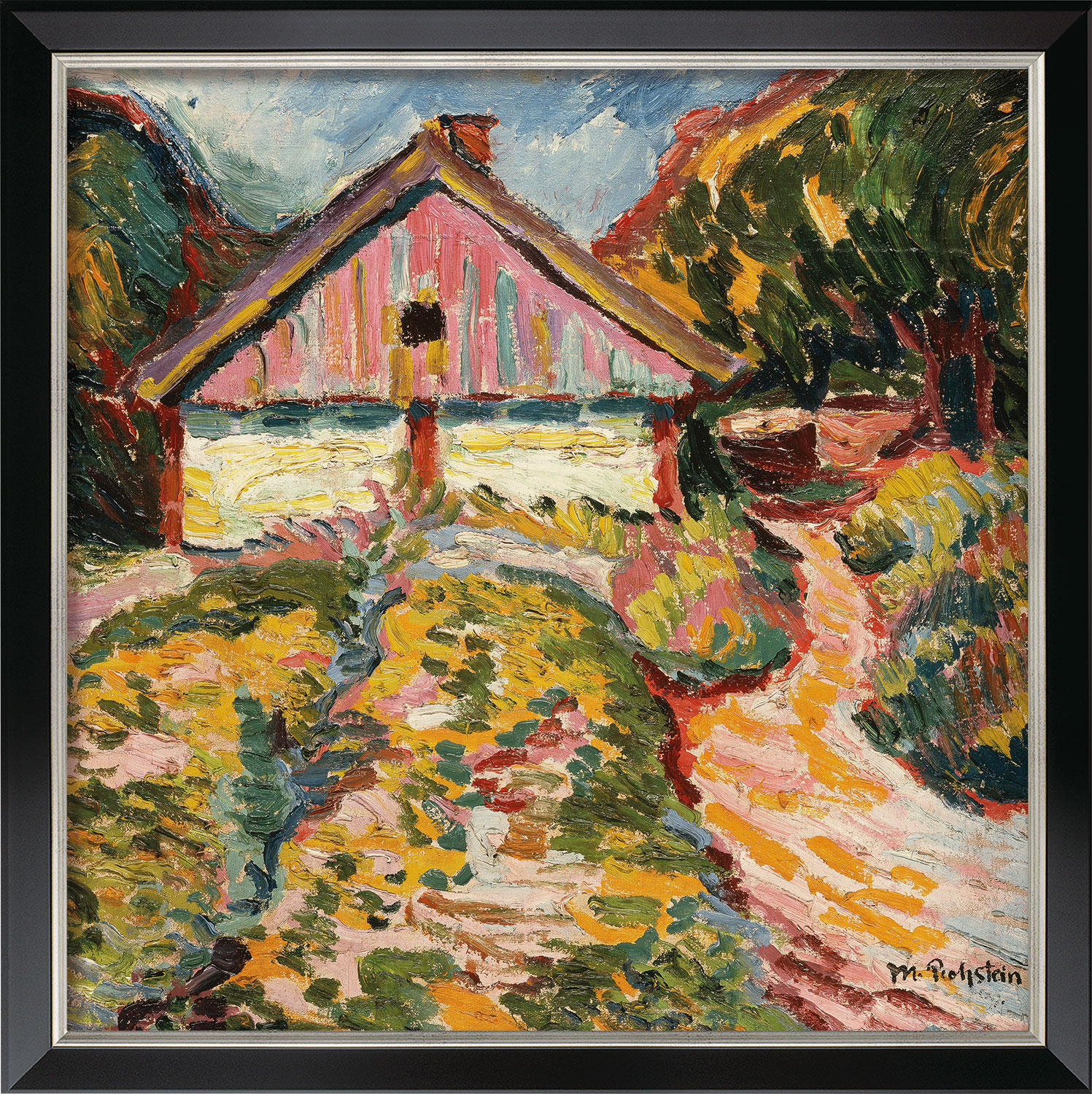 Max Pechstein: Bild ‚Haus an der Kurischen Nehrung‘ (1909), Version schwarz-silberfarben gerahmt