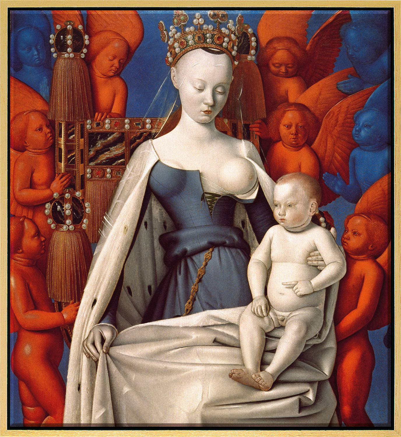 Jean Fouquet: Bild ‚Madonna umgeben von Cherubim und Seraphim‘ (um 1450), Version goldfarben gerahmt