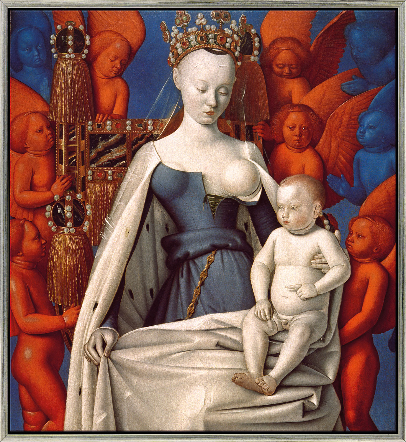 Jean Fouquet: Bild ‚Madonna umgeben von Cherubim und Seraphim‘ (um 1450), Version silberfarben gerahmt
