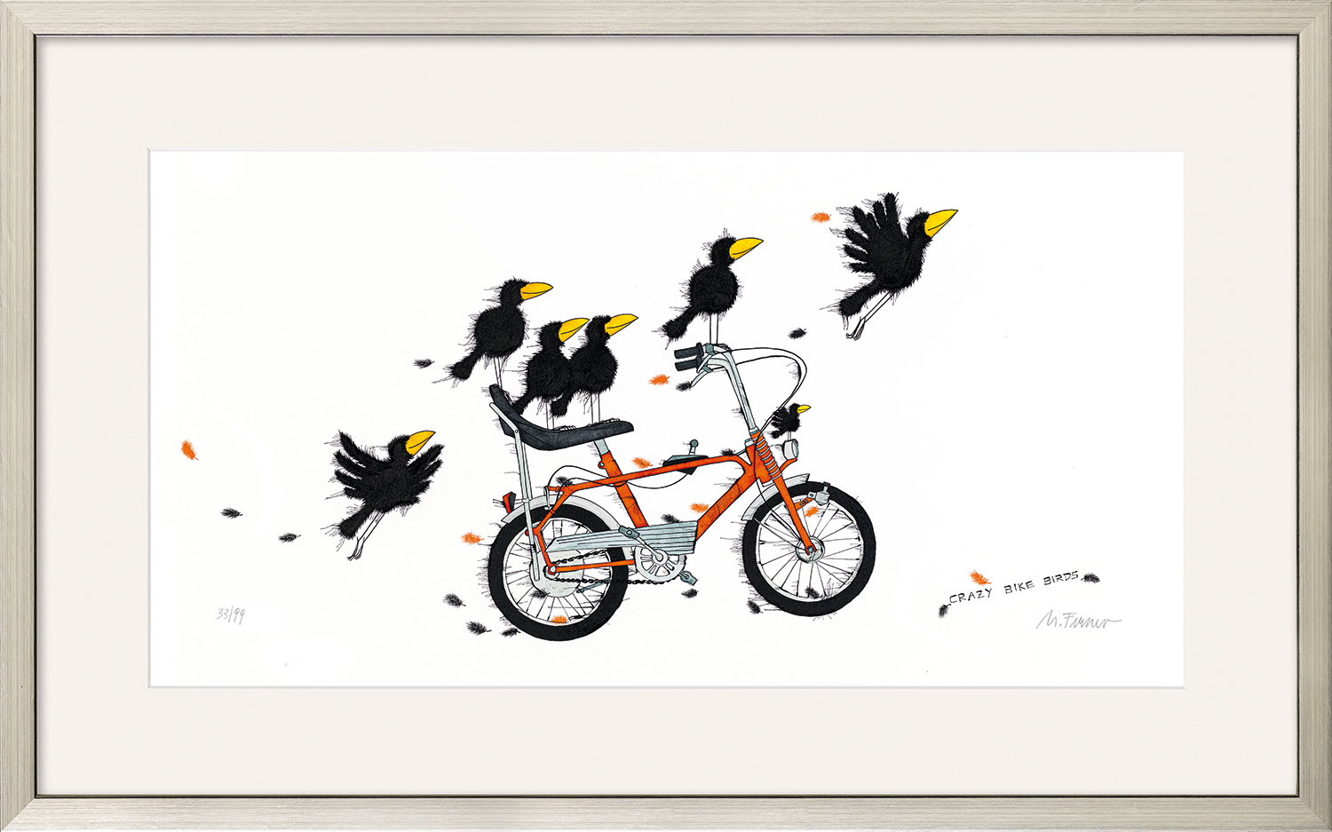Michael Ferner: Bild ‚Crazy Bike Birds‘ (2021), gerahmt