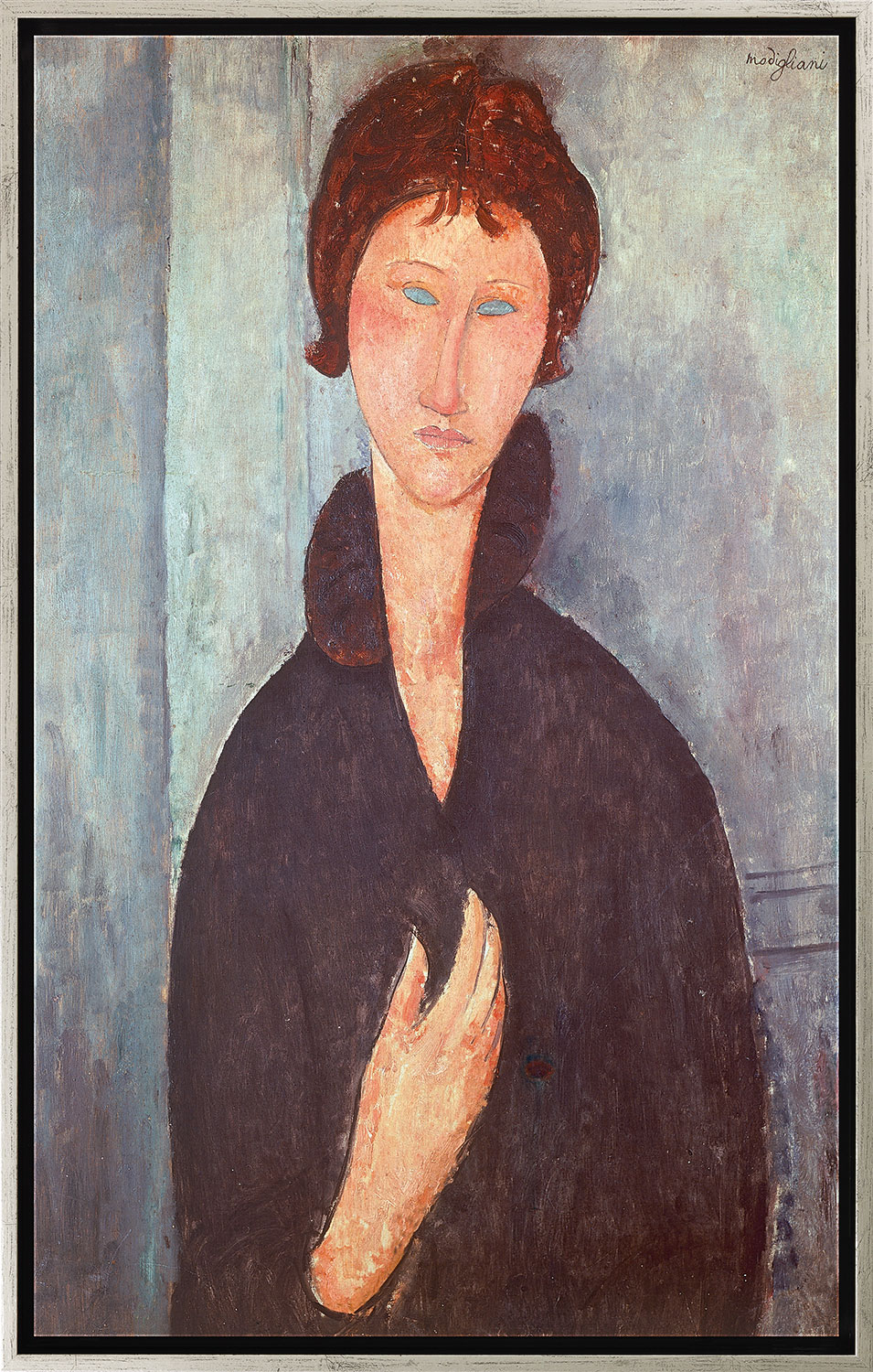 Amedeo Modigliani: Bild ‚Frau mit blauen Augen‘ (1918), Version silberfarben gerahmt