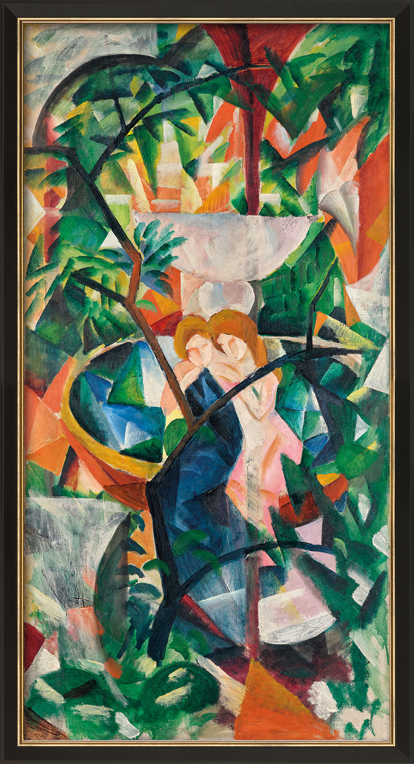 August Macke: Bild ‚Mädchen am Springbrunnen‘ (1913), Version schwarz-goldfarben gerahmt
