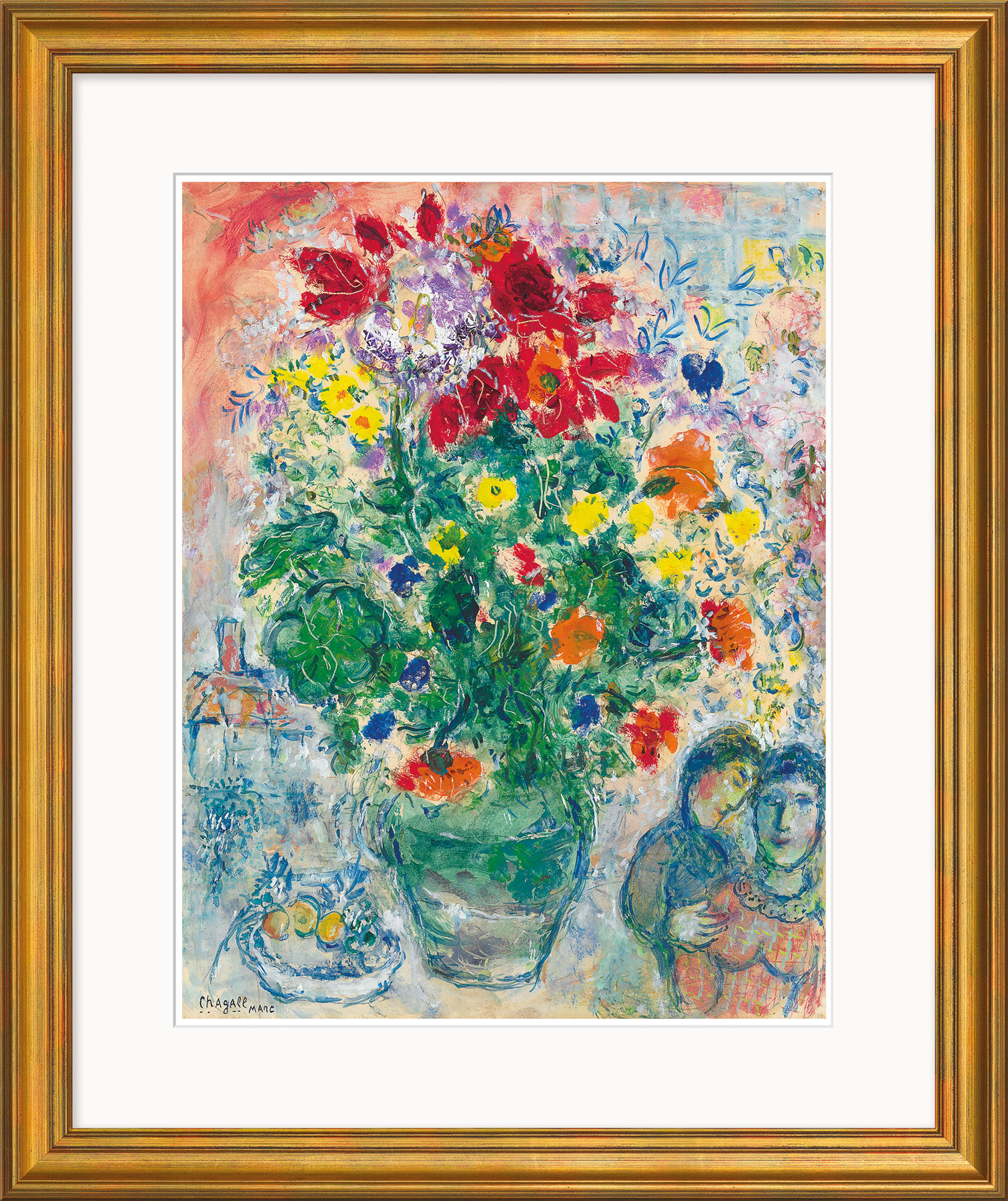 Marc Chagall: Bild ‚Bouquet de Renoncules‘ (1968), Version goldfarben gerahmt