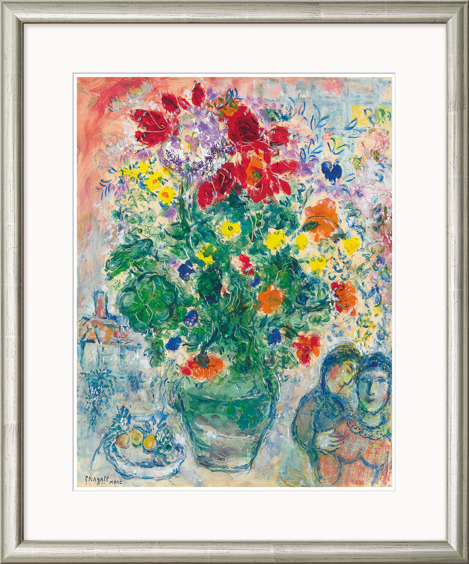 Marc Chagall: Bild ‚Bouquet de Renoncules‘ (1968), Version silberfarben gerahmt