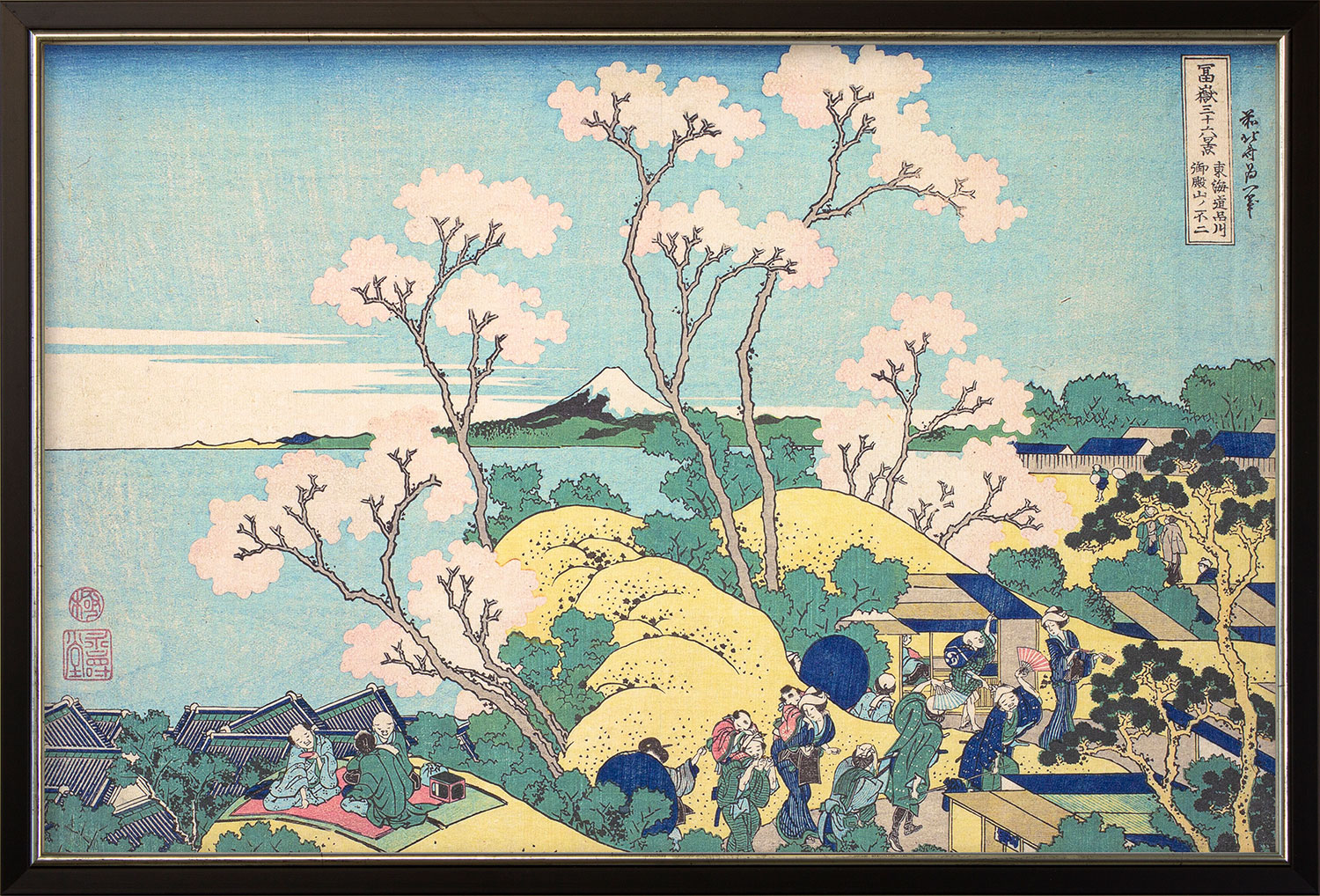 Katsushika Hokusai: Bild ‚Der Fuji von Gotenyama in Shinangawa von der Handelsstraße Tokaido aus‘ (um 1830-32), gerahmt