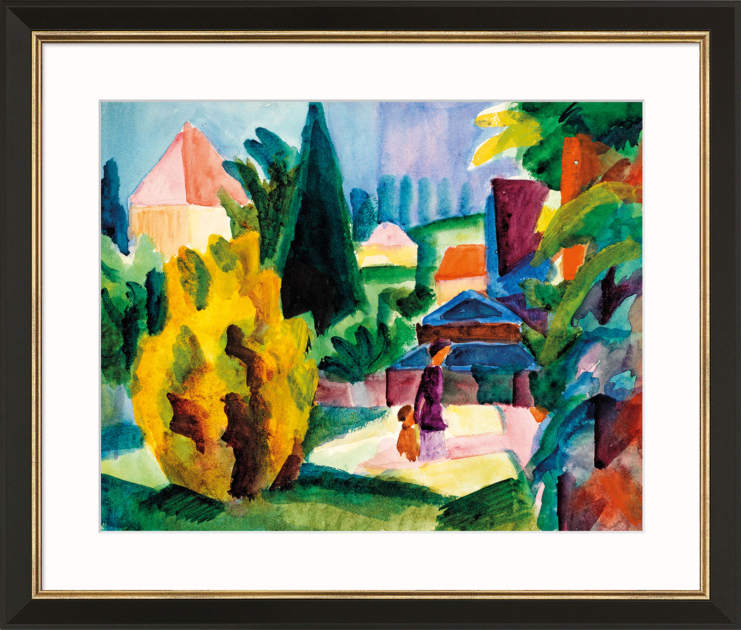 August Macke: Bild ‚Im Schlossgarten von Oberhofen‘ (1914), Version schwarz-goldfarben gerahmt